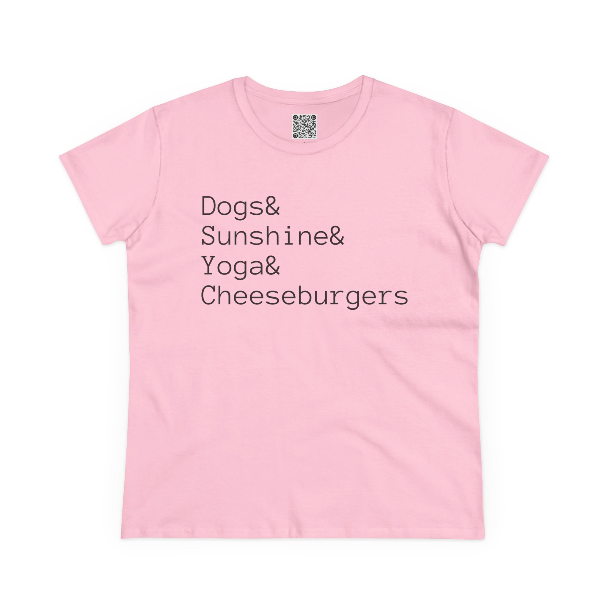 Dogs, Sunshine, Yoga & Cheeseburgers Women's Midweight Cotton Tee